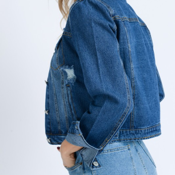 Distressed Cotton Crop Denim Jacket - Picture 4 of 4